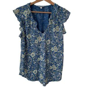 Lucky Brand Floral Flutter Sleeve Blouse Size L